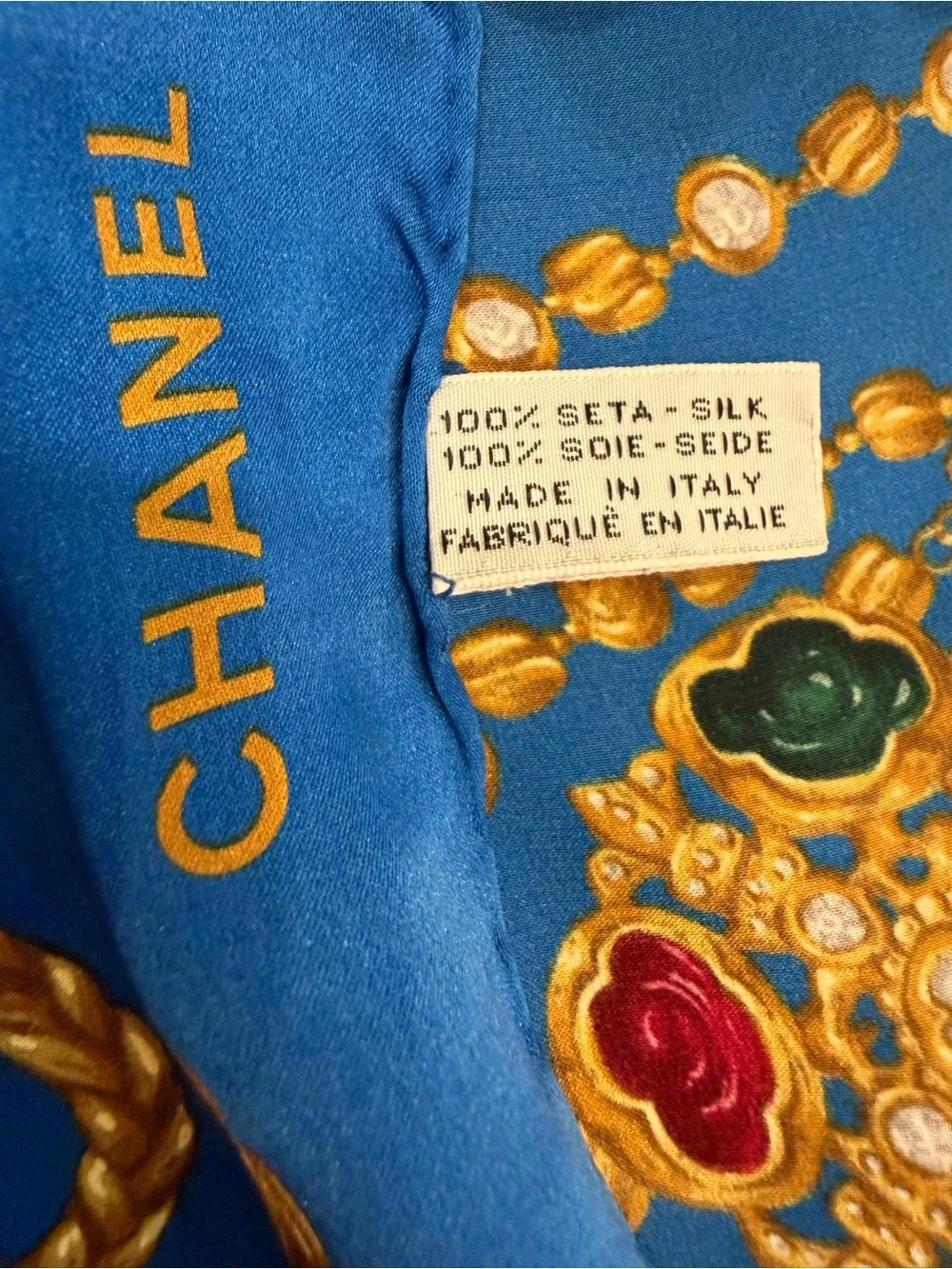 CHANEL Gripoix Blue Silk Scarf with Gold Chain and Red & Green Medallions